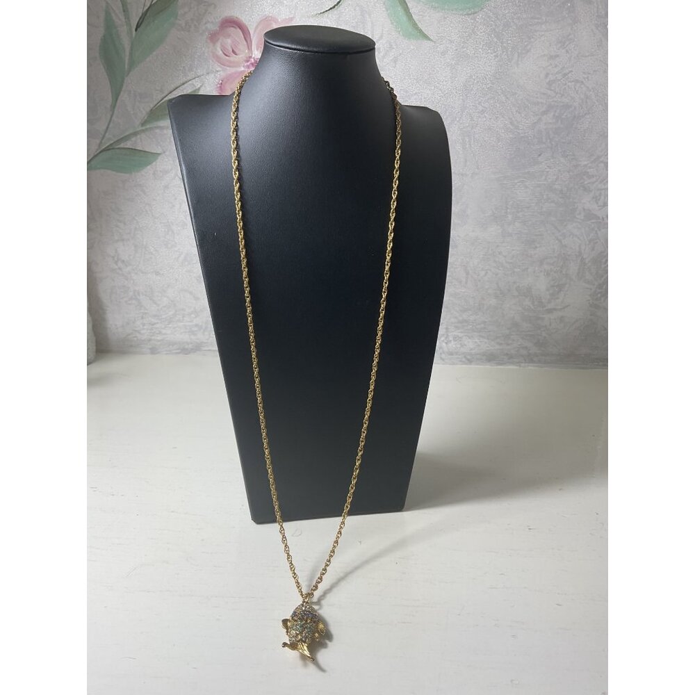 Vintage Ann Taylor Gold Tone Pave Rhinestone Fish Pendant Charm Necklace